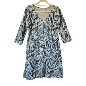 Fresh Produce knee length shirt dress M Blue leaves Pockets Cotton 3/4 sleeves